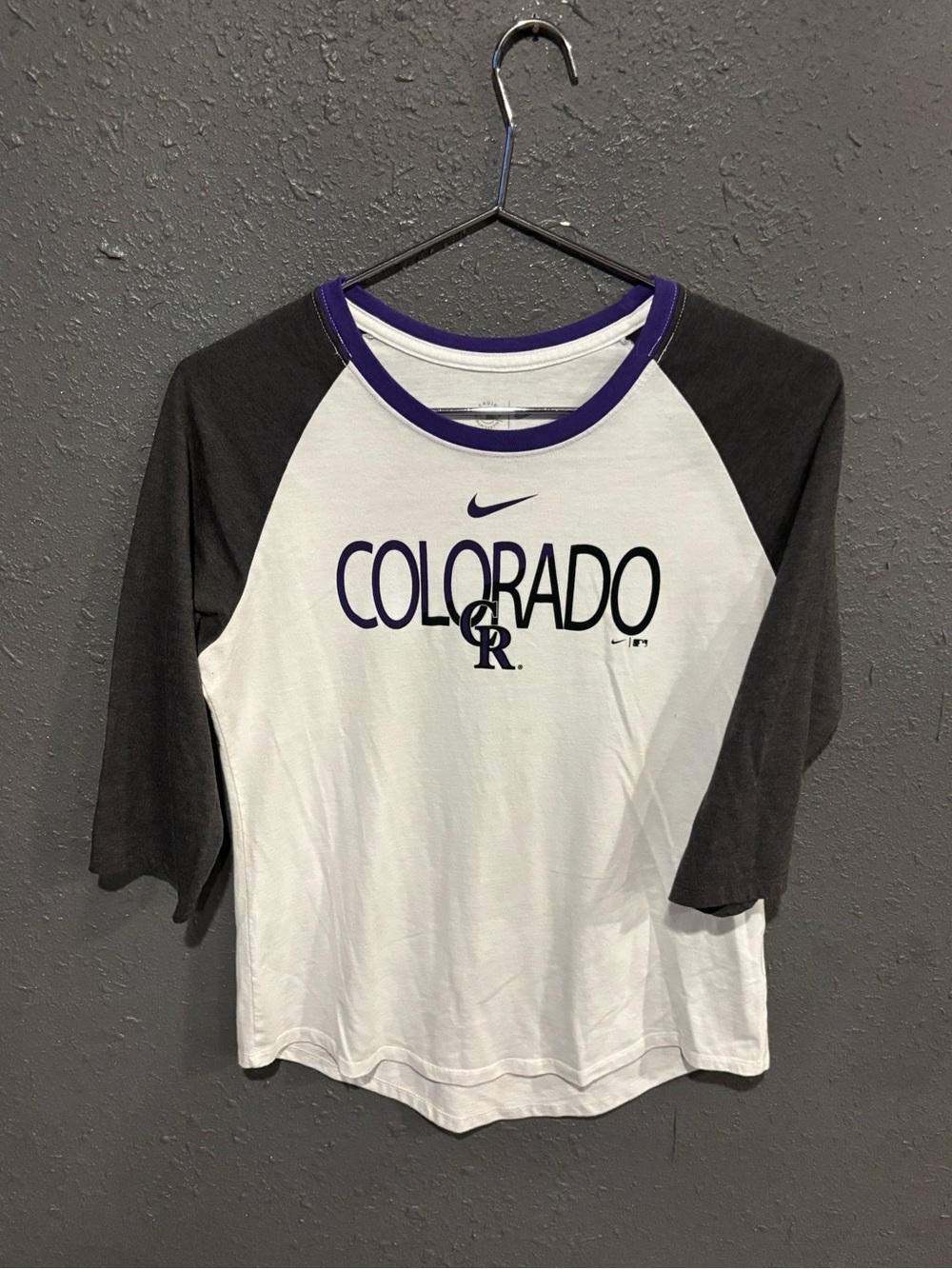 Nike White Tee with Black Sleeves and Purple Trim